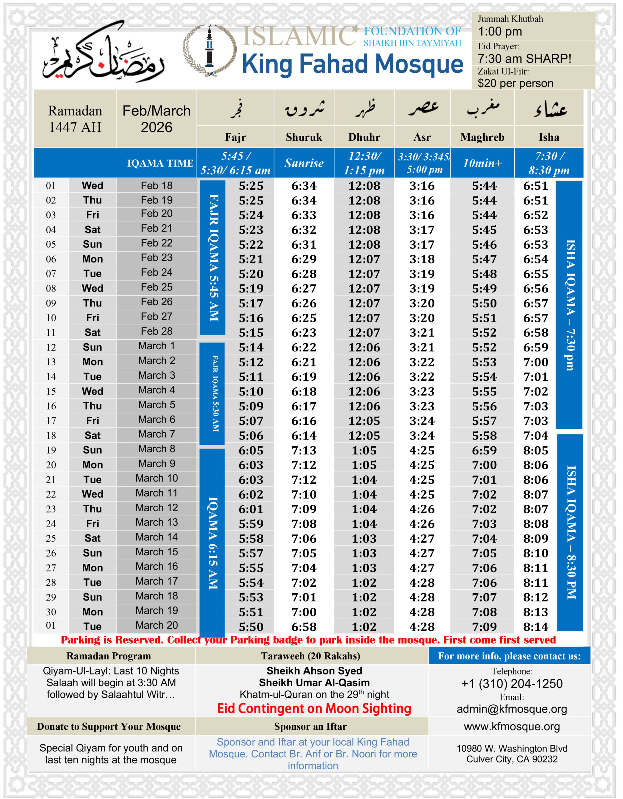 Monthly Prayer Timetable
